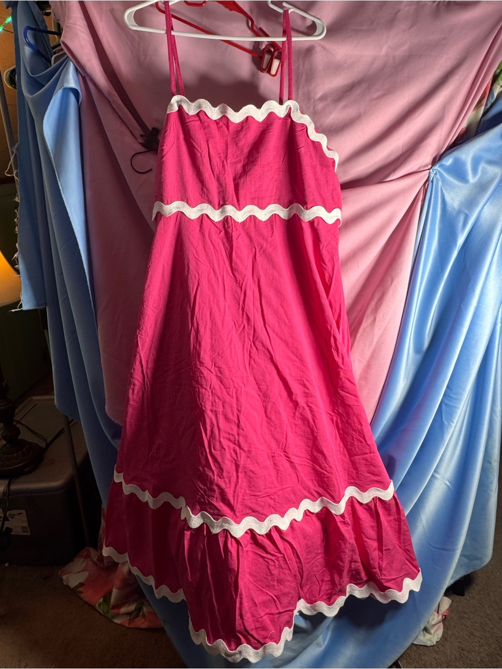 Women's Fuchsia Pink Maxi Dress with White Scalloped Trim